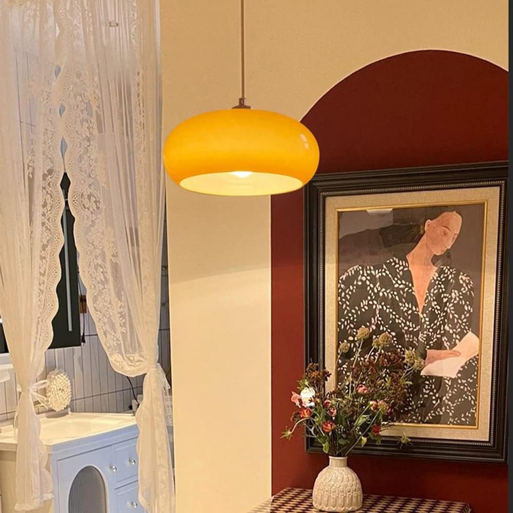 Ceiling pendant in glass and iron with retro Bauhaus colour