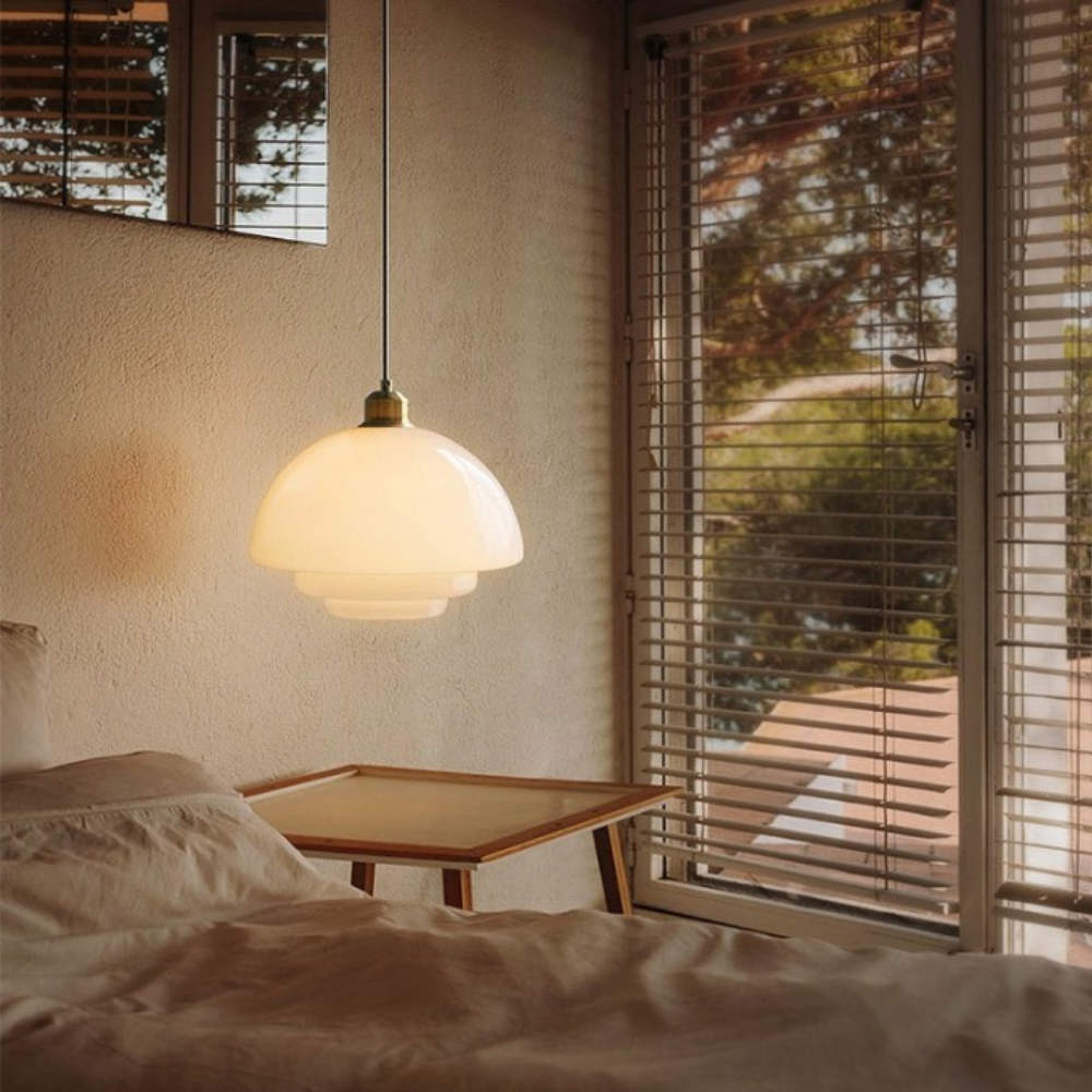 Art Deco Brass & Glass Adjustable-Height Ceiling Lamp