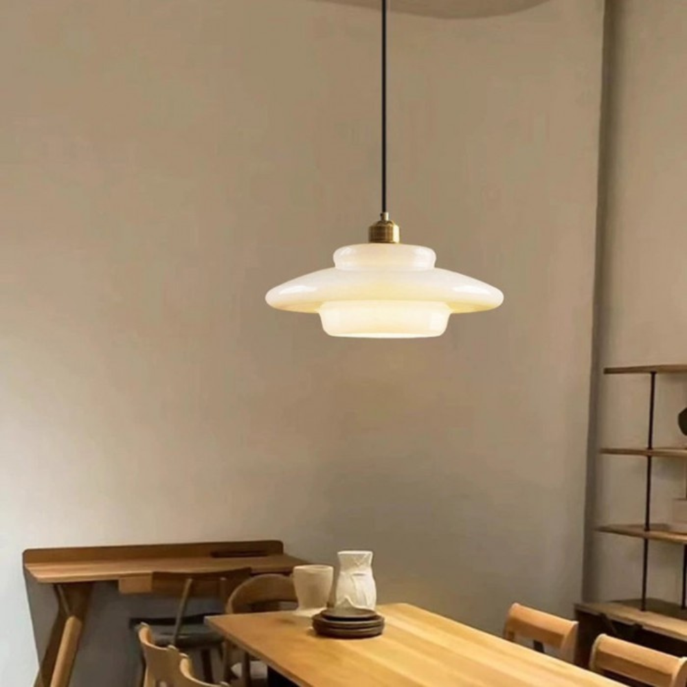 Art Deco Brass & Glass Adjustable-Height Ceiling Lamp