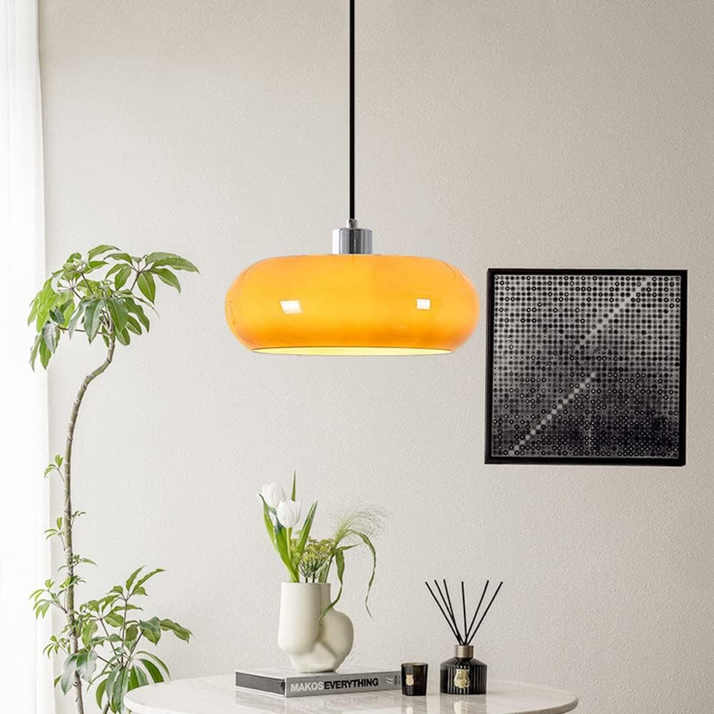 Ceiling pendant in glass and iron with retro Bauhaus colour