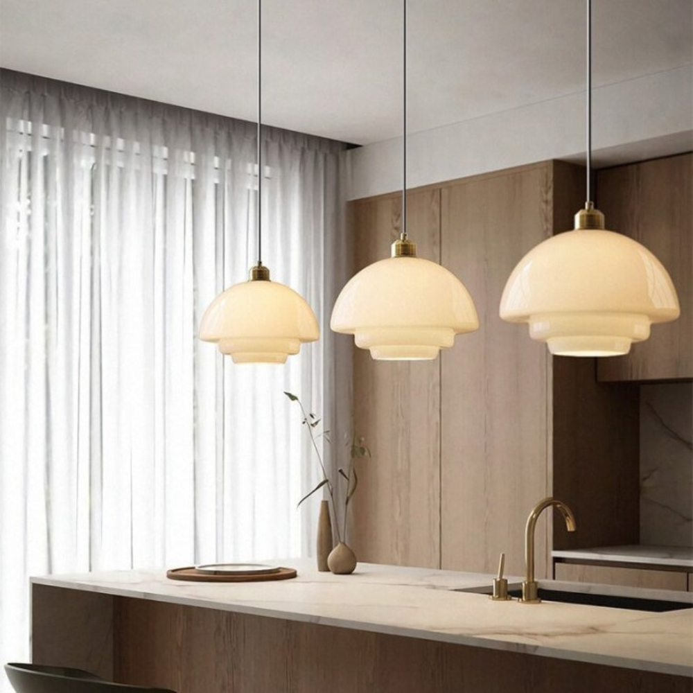 Art Deco Brass & Glass Adjustable-Height Ceiling Lamp