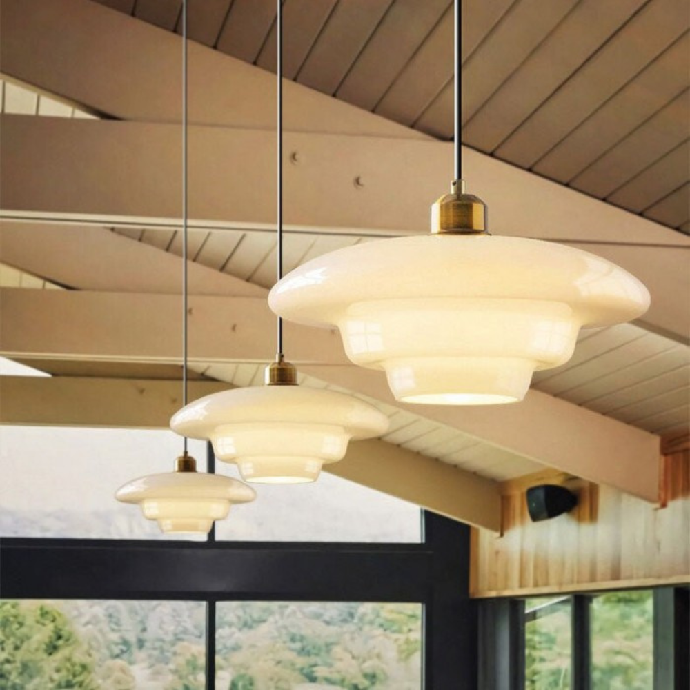 Art Deco Brass & Glass Adjustable-Height Ceiling Lamp