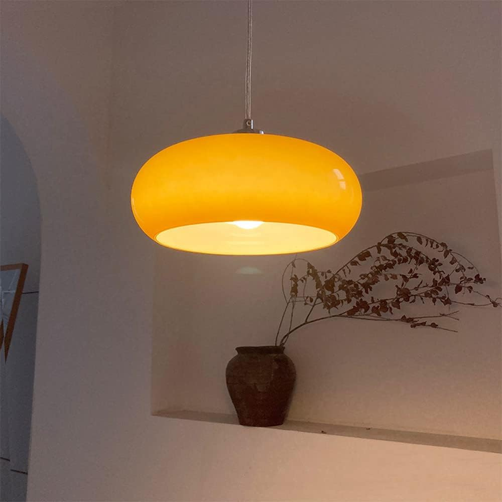 Ceiling pendant in glass and iron with retro Bauhaus colour