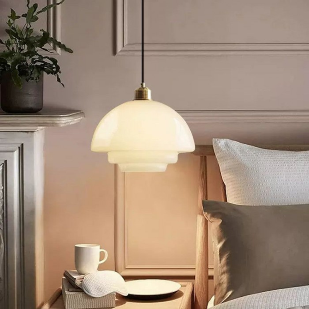 Art Deco Brass & Glass Adjustable-Height Ceiling Lamp