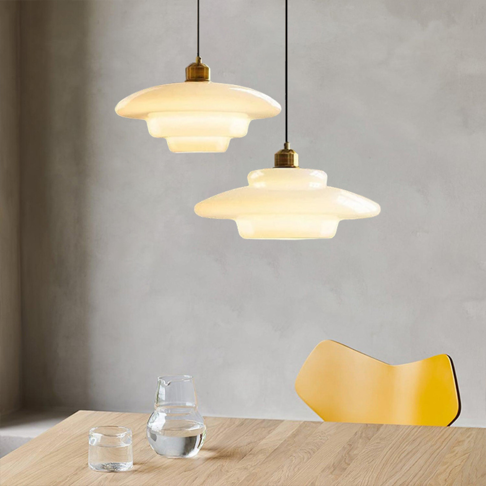 Art Deco Brass & Glass Adjustable-Height Ceiling Lamp