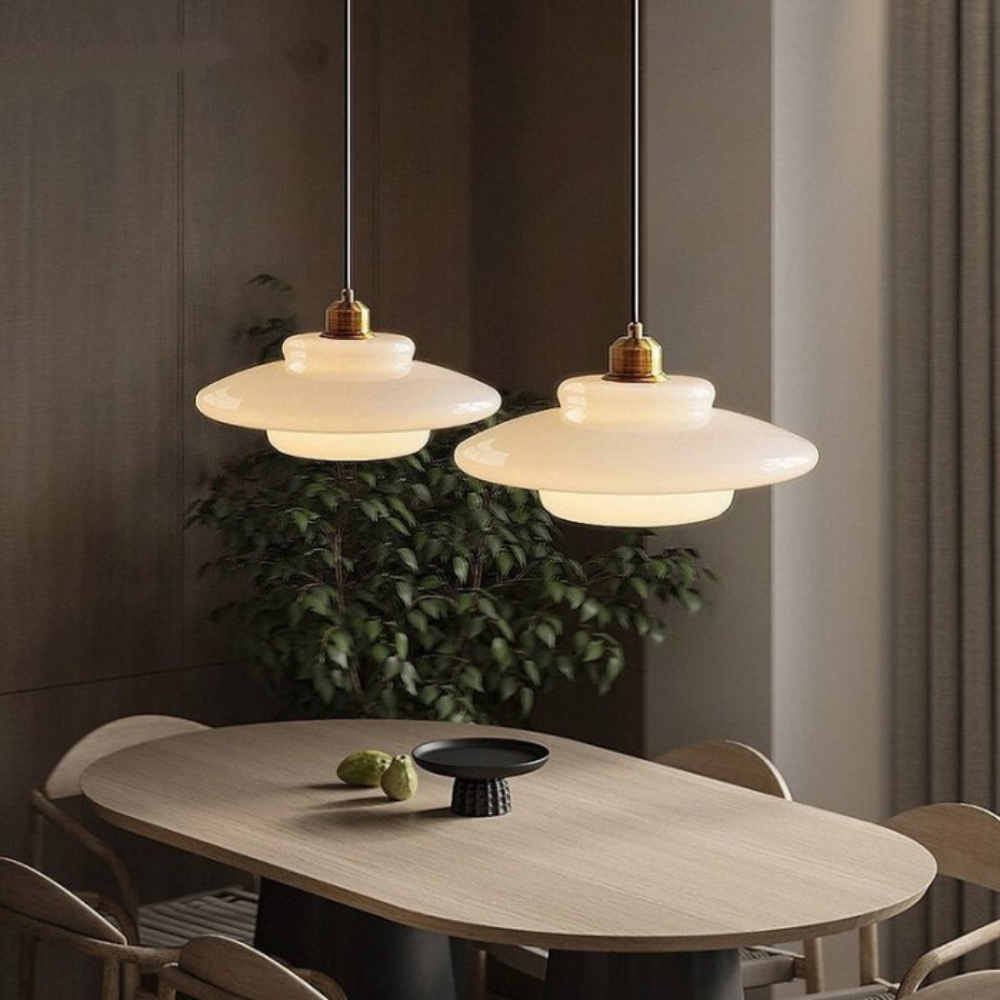 Art Deco Brass & Glass Adjustable-Height Ceiling Lamp