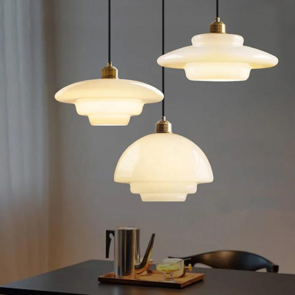Art Deco Brass & Glass Adjustable-Height Ceiling Lamp