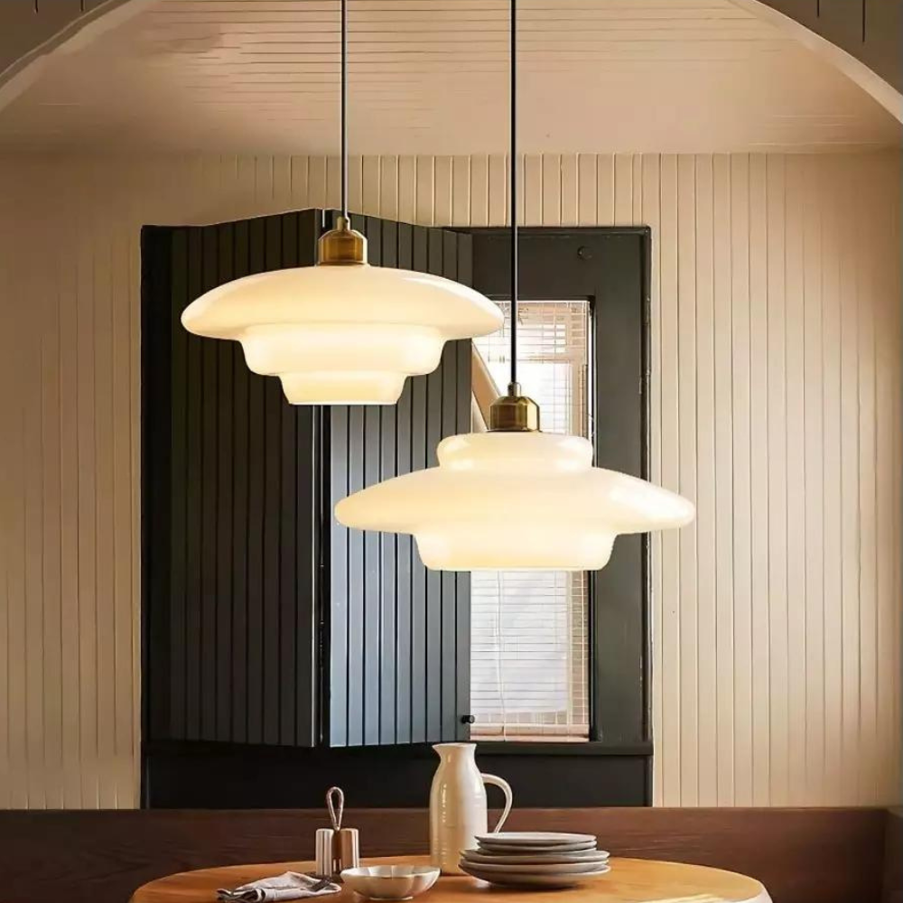 Art Deco Brass & Glass Adjustable-Height Ceiling Lamp