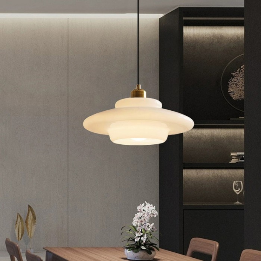 Art Deco Brass & Glass Adjustable-Height Ceiling Lamp