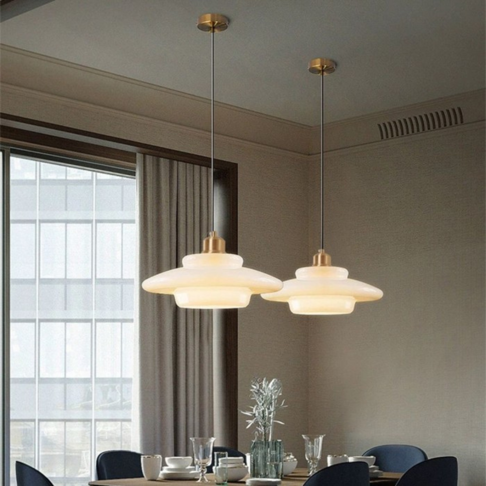 Art Deco Brass & Glass Adjustable-Height Ceiling Lamp