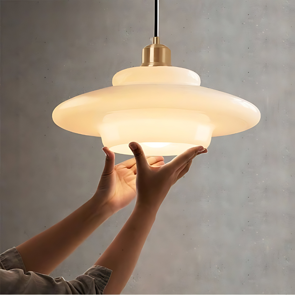 Art Deco Brass & Glass Adjustable-Height Ceiling Lamp
