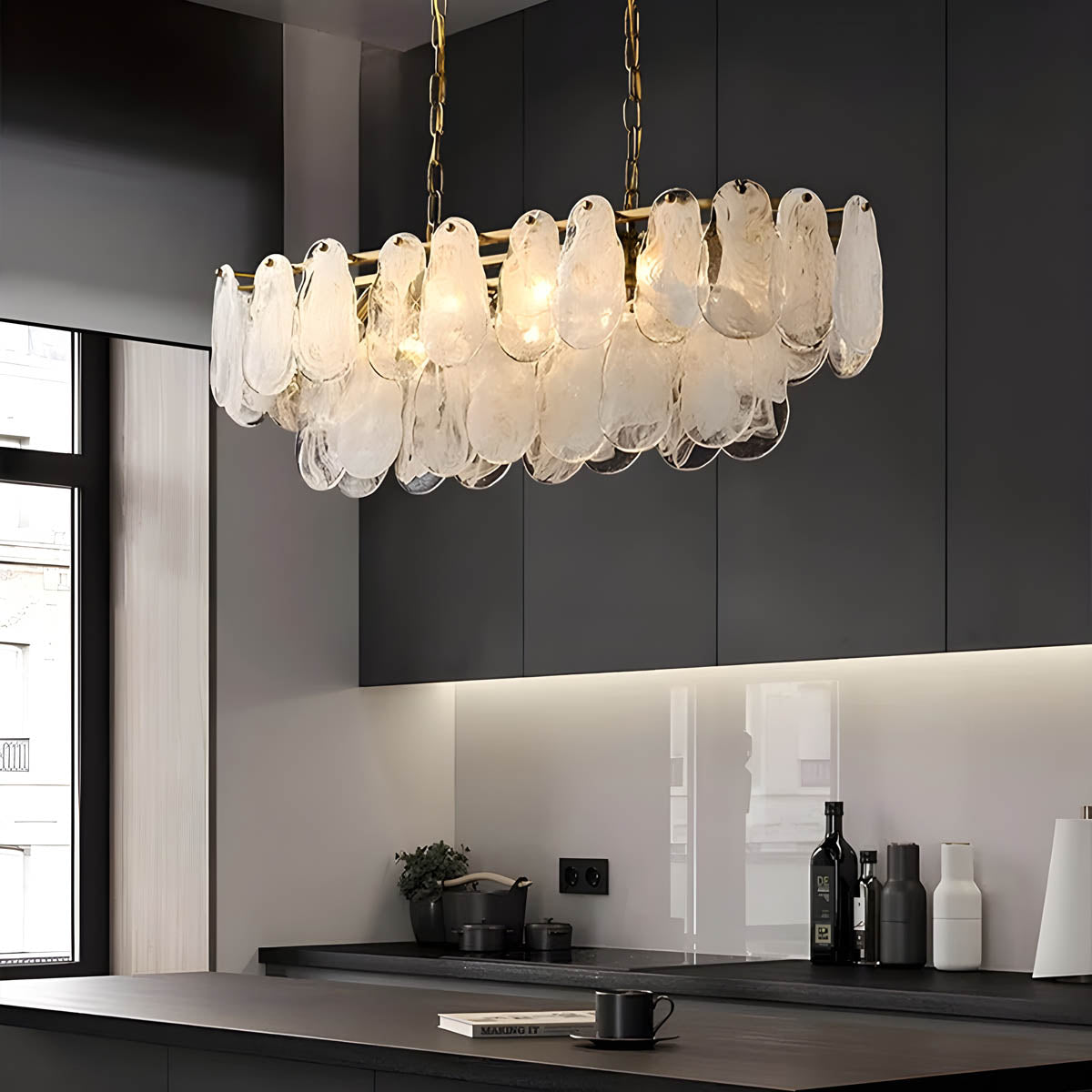 Cloud glass chandelier with gold metal frame