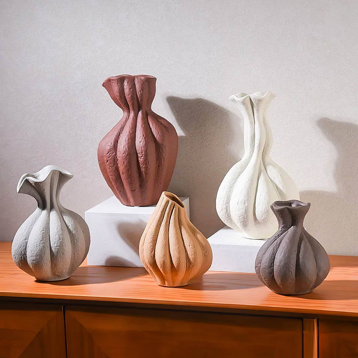 Artistic Pleated Ceramic Vase, Matte Finish — Decorative Home Centrepiece