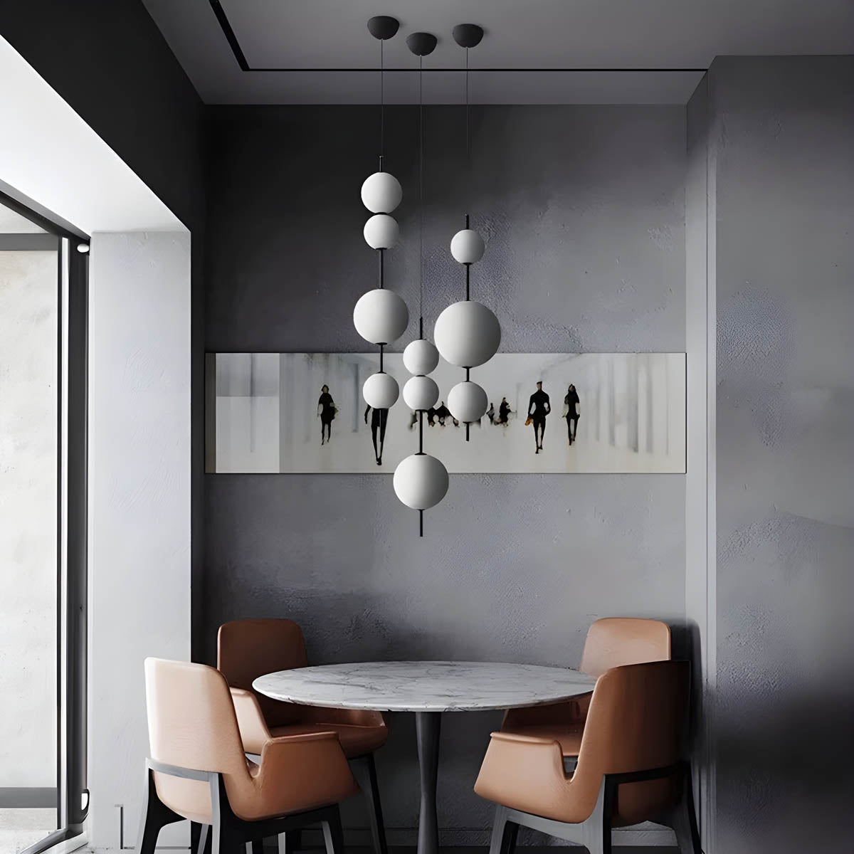 Triple glass globe pendant light, metal frame, 80-103 cm