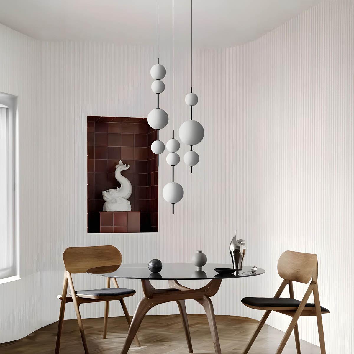 Triple glass globe pendant light, metal frame, 80-103 cm