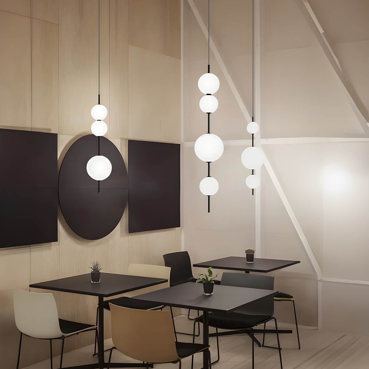 Triple glass globe pendant light, metal frame, 80-103 cm