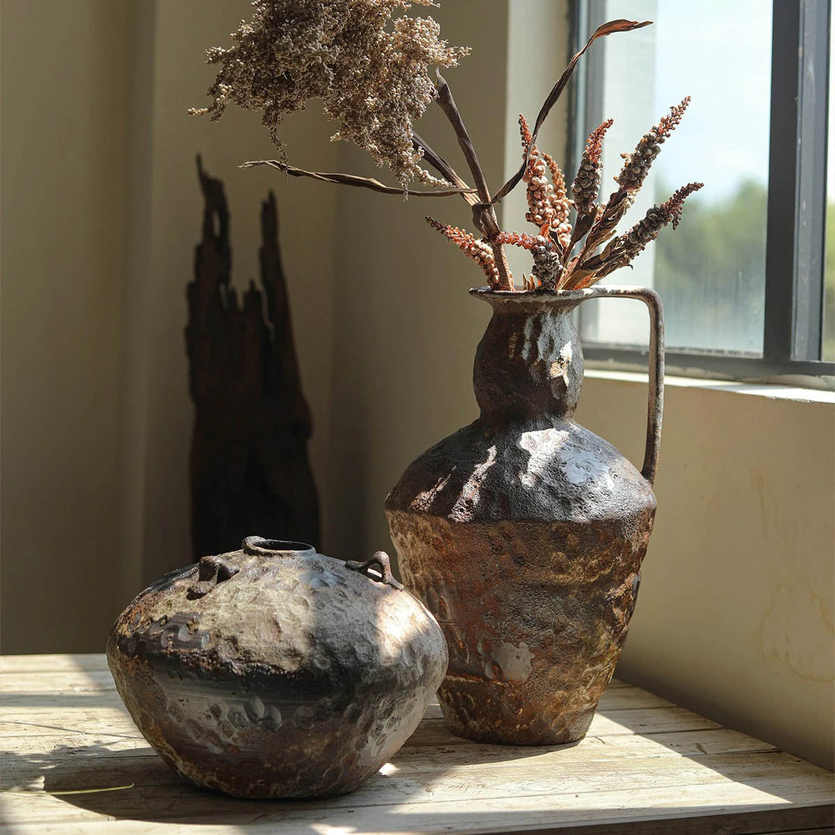 Ceramic Vase with Handles and Hammered Antique Finish