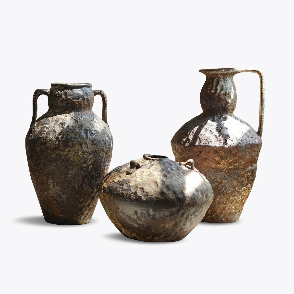 Ceramic Vase with Handles and Hammered Antique Finish