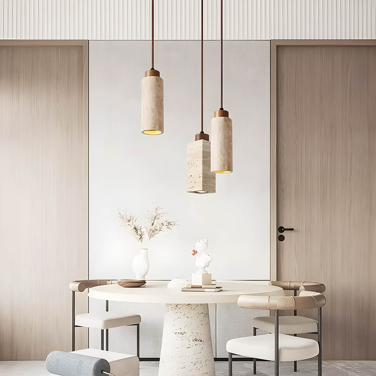 Travertine & wood E27 pendant light, round or square 18.5 cm