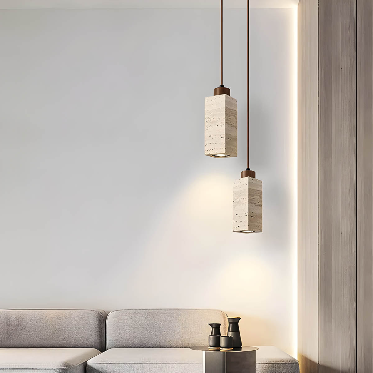 Travertine & wood E27 pendant light, round or square 18.5 cm