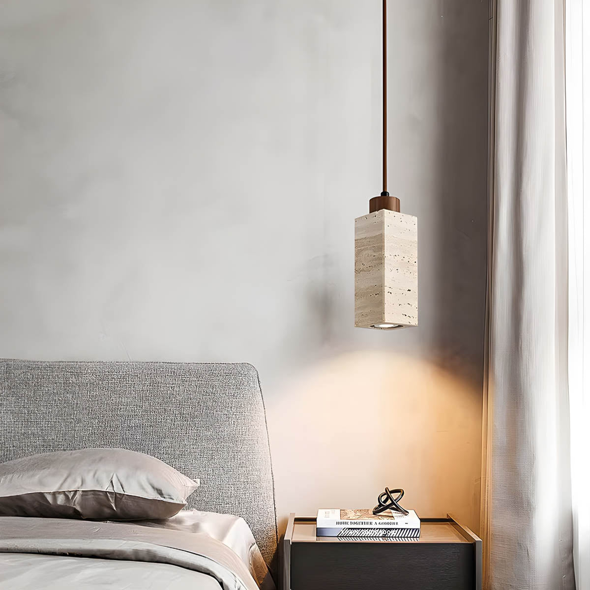 Travertine & wood E27 pendant light, round or square 18.5 cm