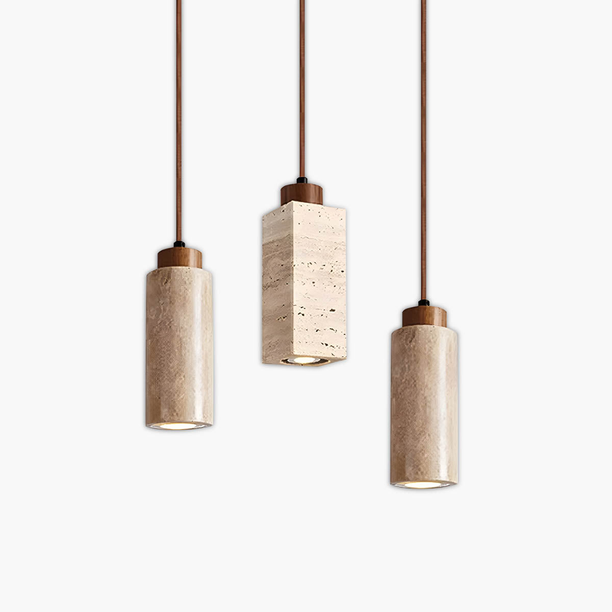 Travertine & wood E27 pendant light, round or square 18.5 cm