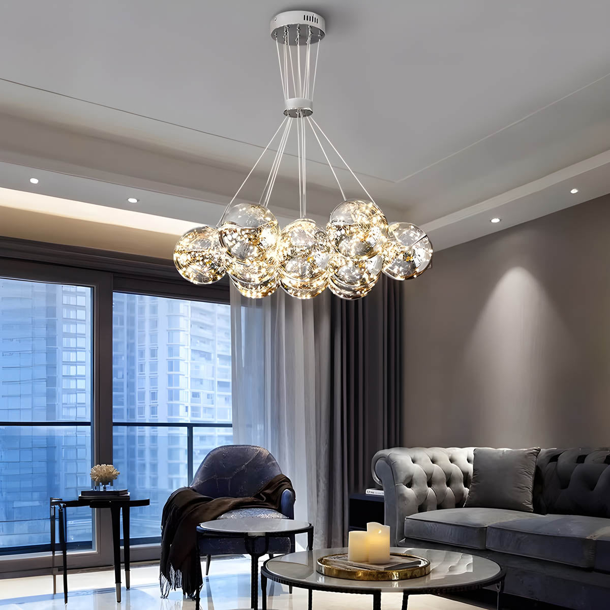 13-sphere glass cluster chandelier, alloy & glass