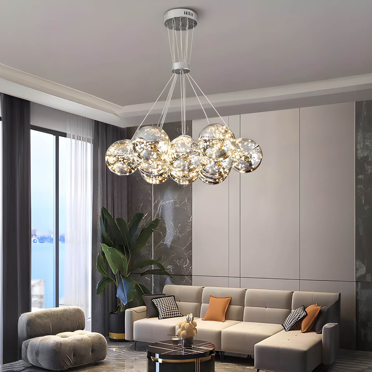 13-sphere glass cluster chandelier, alloy & glass
