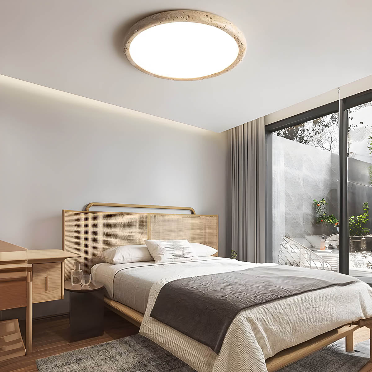 Travertine-accent flush-mount ceiling light