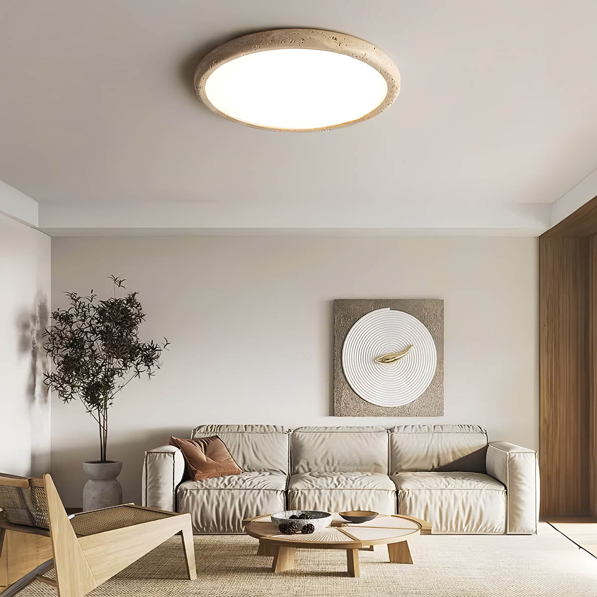 Travertine-accent flush-mount ceiling light