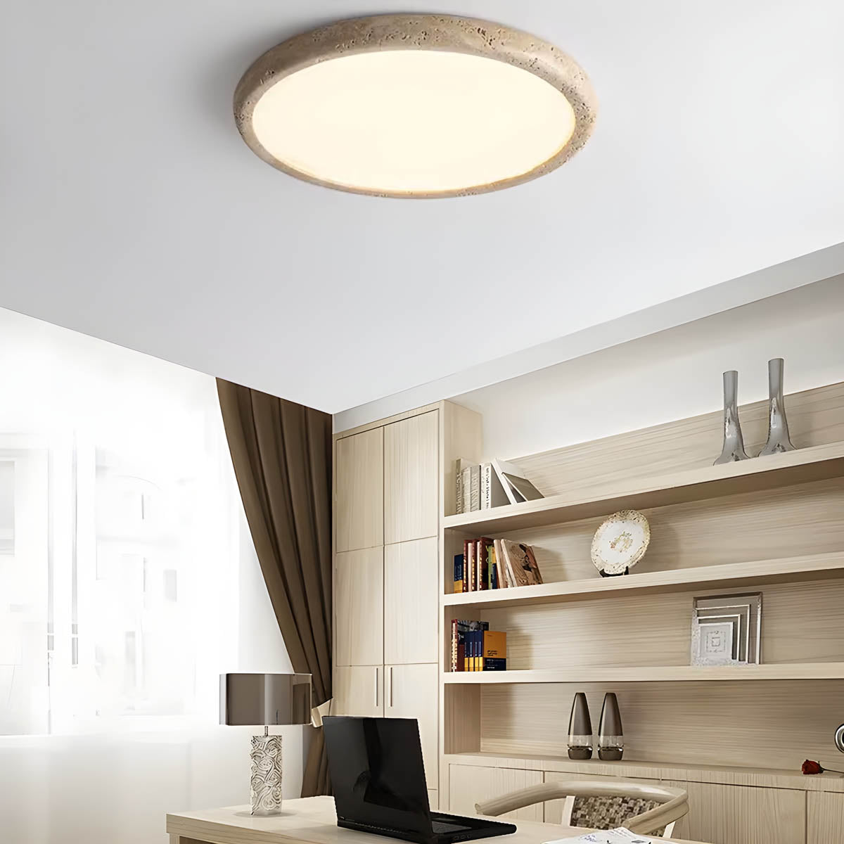 Travertine-accent flush-mount ceiling light