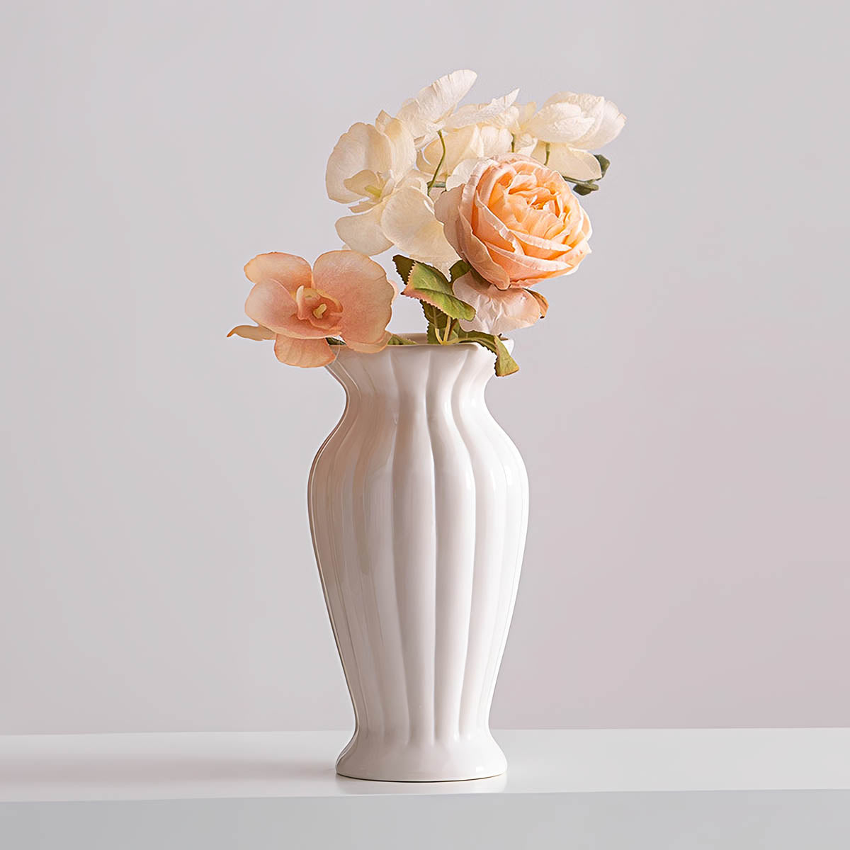 Vertical Ridged Ceramic Vase, Soft Ivory — Elegant Decorative Home Accent