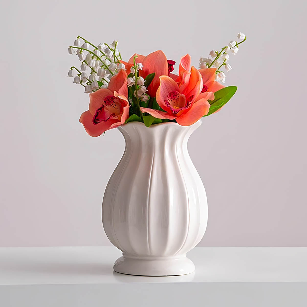 Vertical Ridged Ceramic Vase, Soft Ivory — Elegant Decorative Home Accent