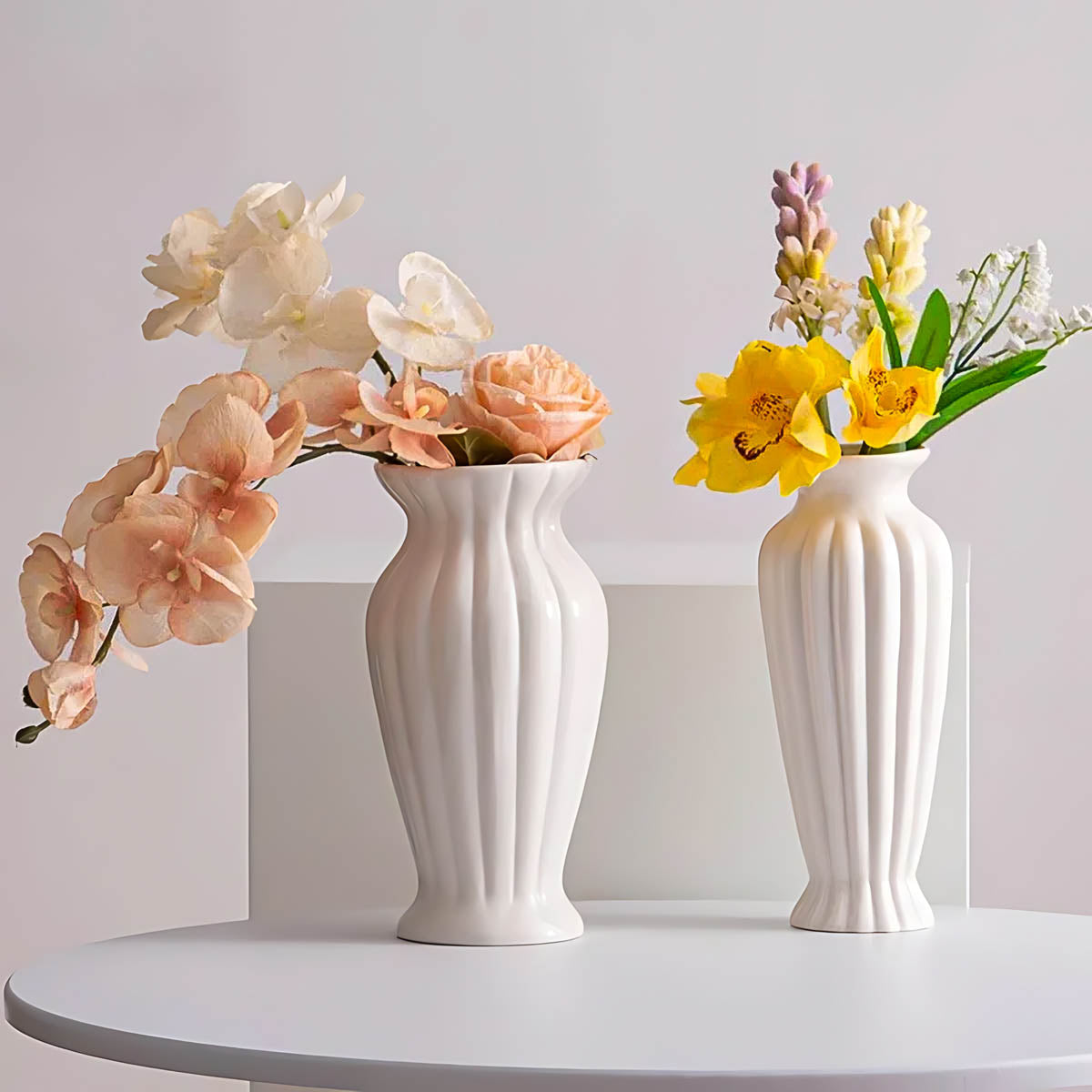 Vertical Ridged Ceramic Vase, Soft Ivory — Elegant Decorative Home Accent