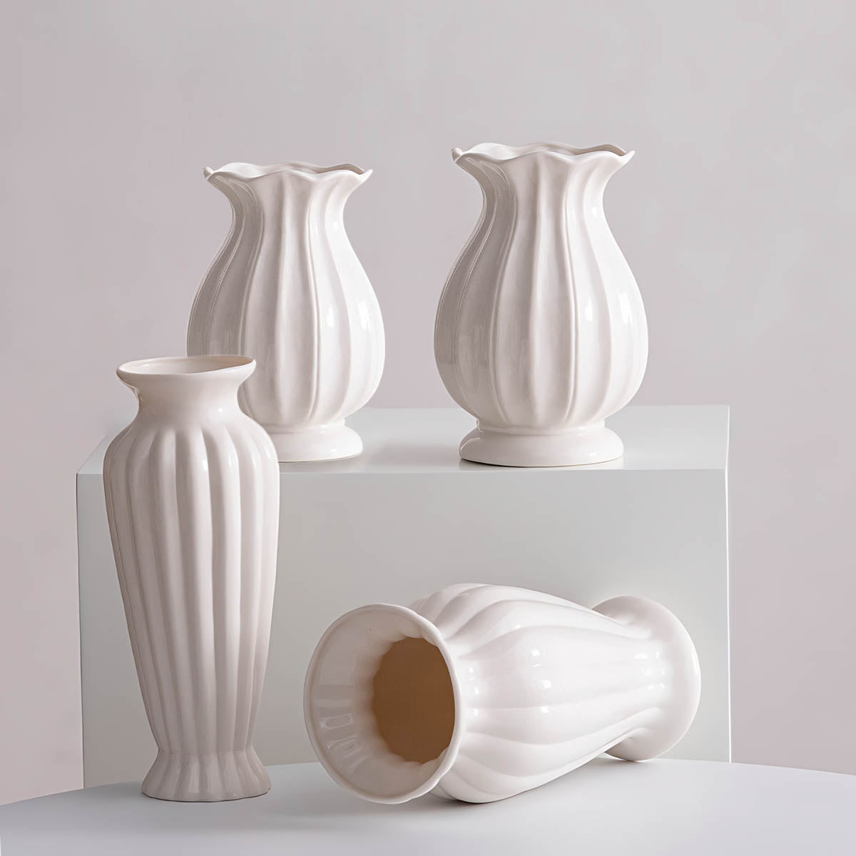Vertical Ridged Ceramic Vase, Soft Ivory — Elegant Decorative Home Accent