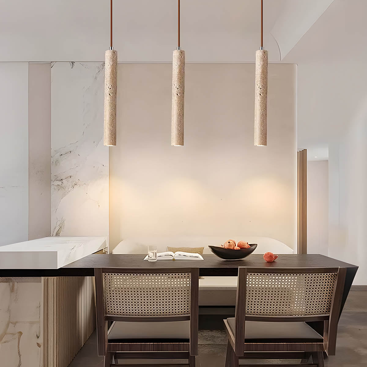 Travertine & wood pendant light, minimalist cylindrical