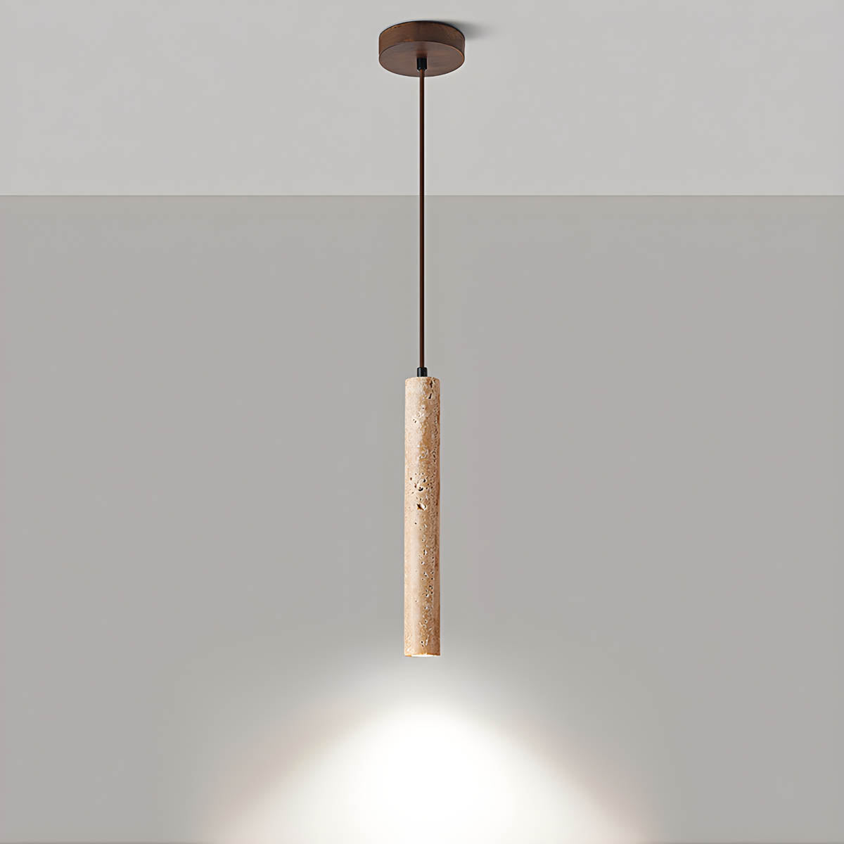 Travertine & wood pendant light, minimalist cylindrical