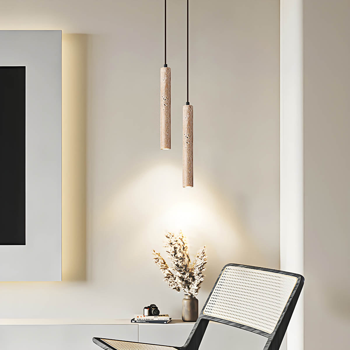Travertine & wood pendant light, minimalist cylindrical