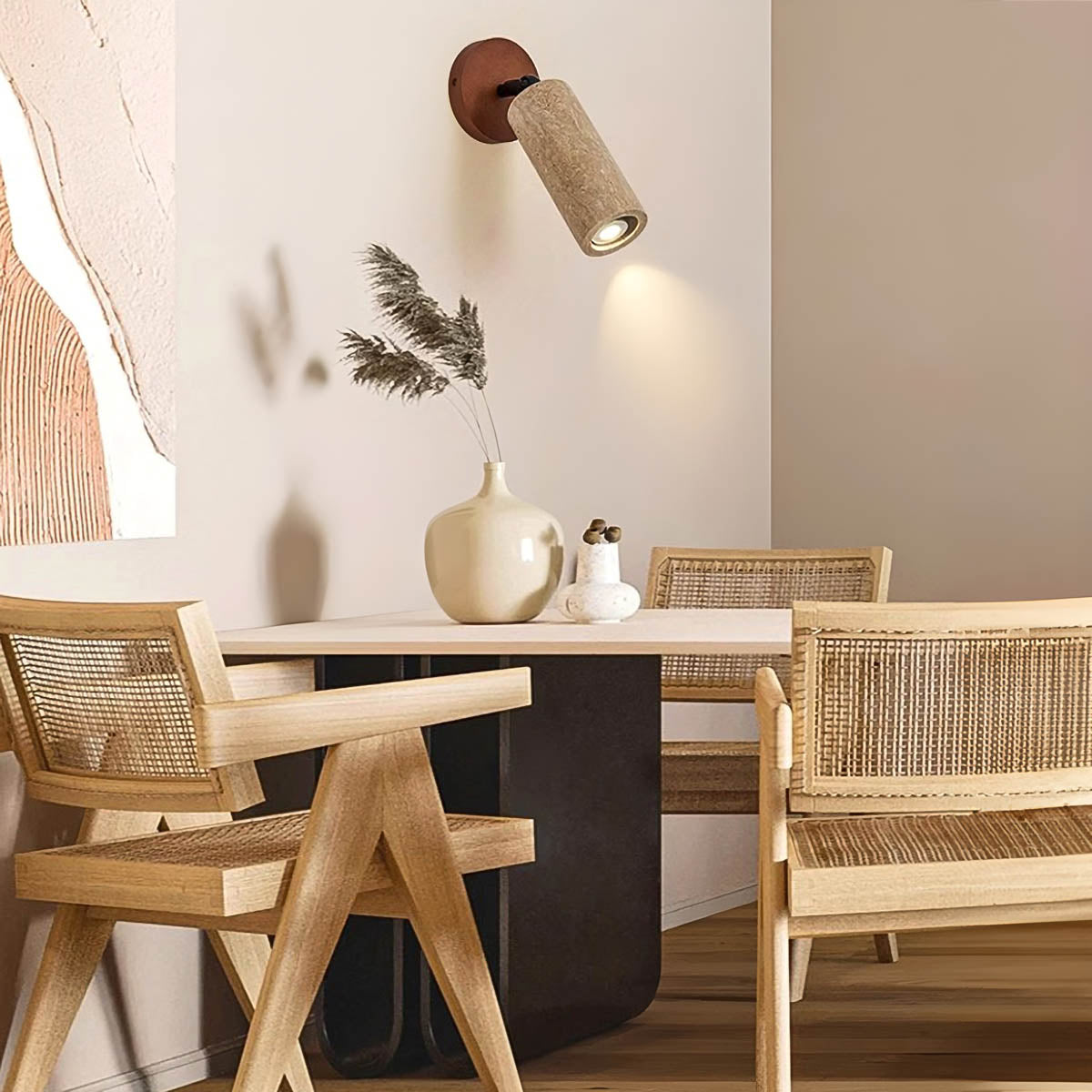 Wall Light with Travertine & Wood Head - Rotatable Accent Lamp