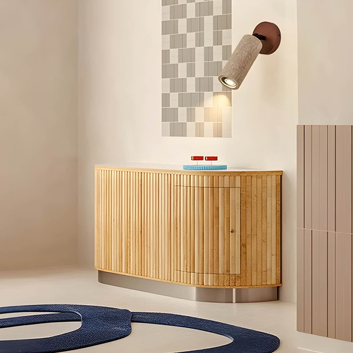 Wall Light with Travertine & Wood Head - Rotatable Accent Lamp