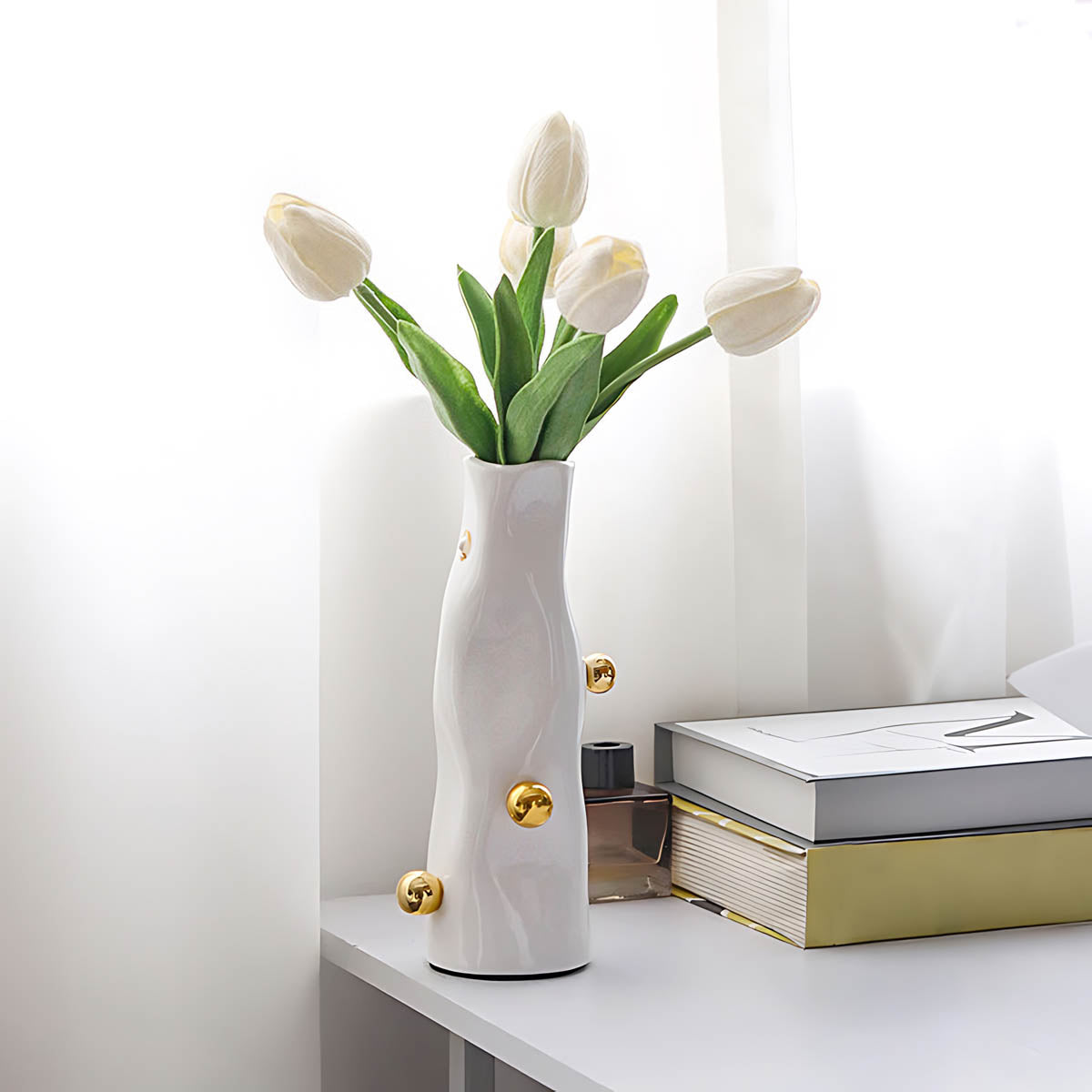 Glossy White & Gold Resin Statement Vase — Sculptural Modern Centrepiece
