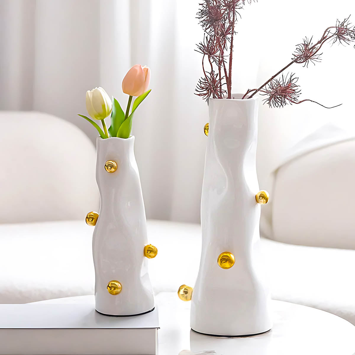 Glossy White & Gold Resin Statement Vase — Sculptural Modern Centrepiece