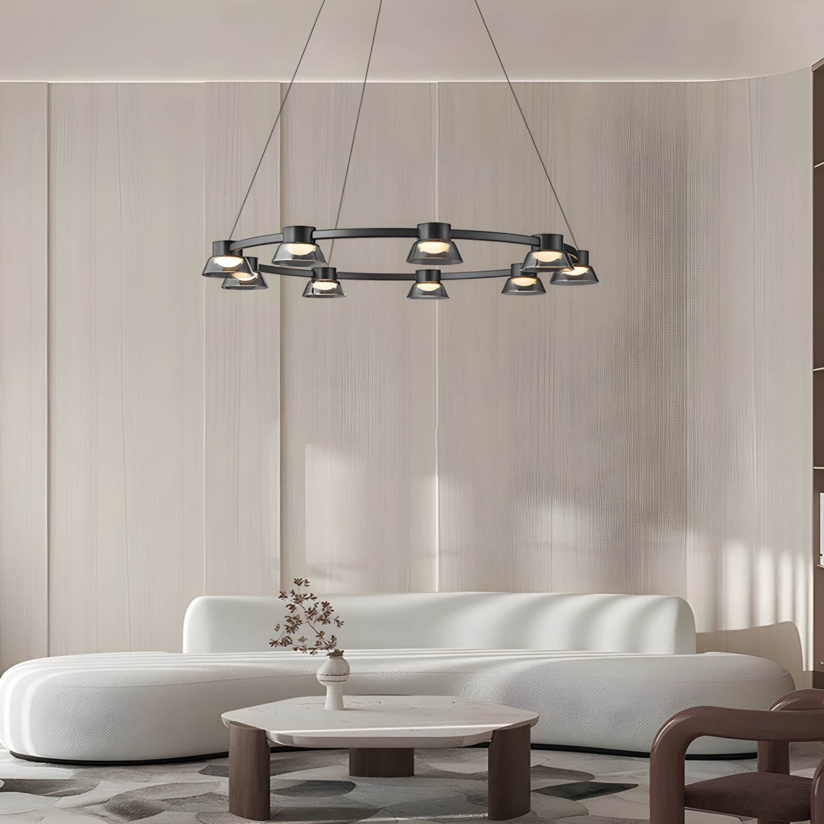 Textured smoky-glass chandelier, multi-arm LED fixture