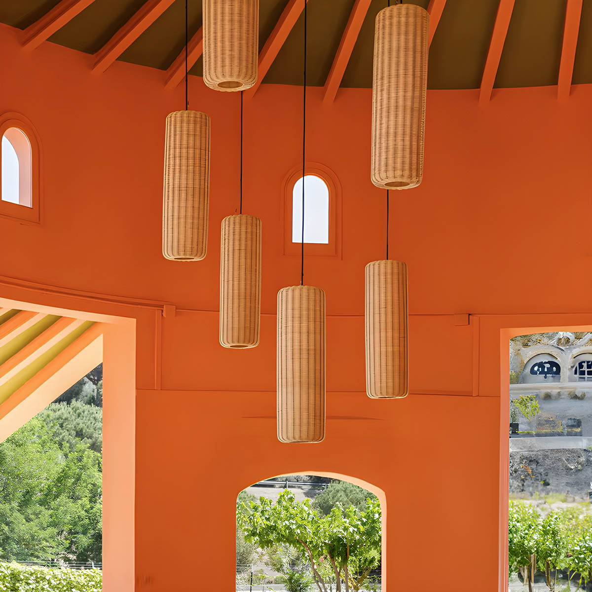 Large rattan & iron pendant light, 100-120 cm