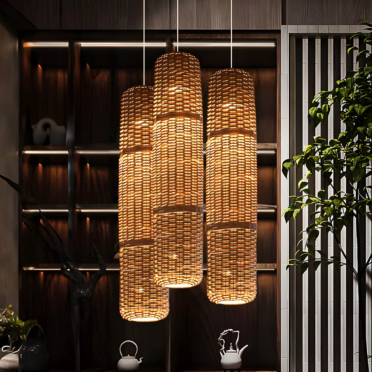 Large rattan & iron pendant light, 100-120 cm