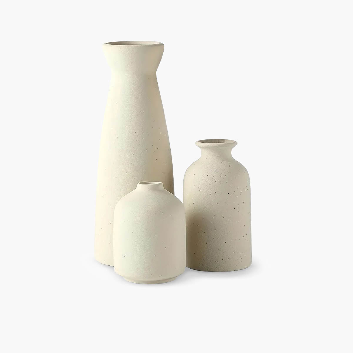 Round Minimalist Ceramic Vase Trio, Matte White or Beige — Decorative Set of Three