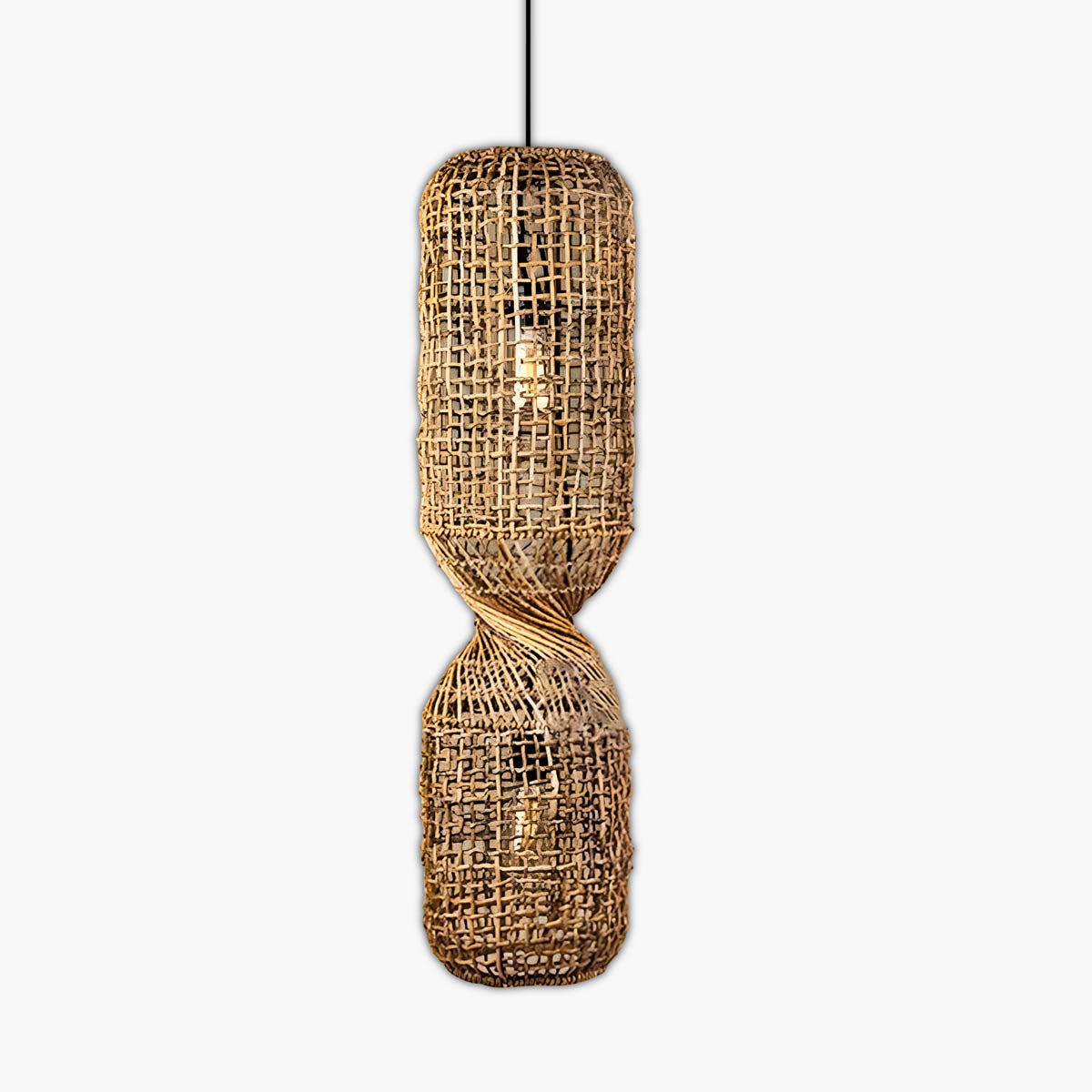 Hand-woven rattan & iron pendant light, sculptural twist