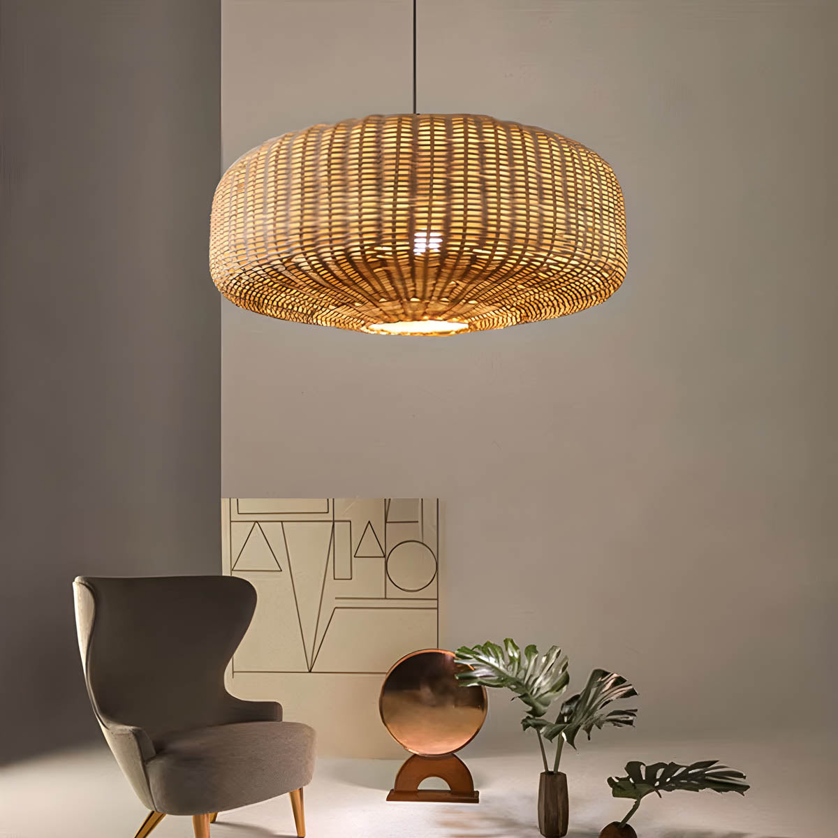 Handwoven rattan and hemp rope pendant light