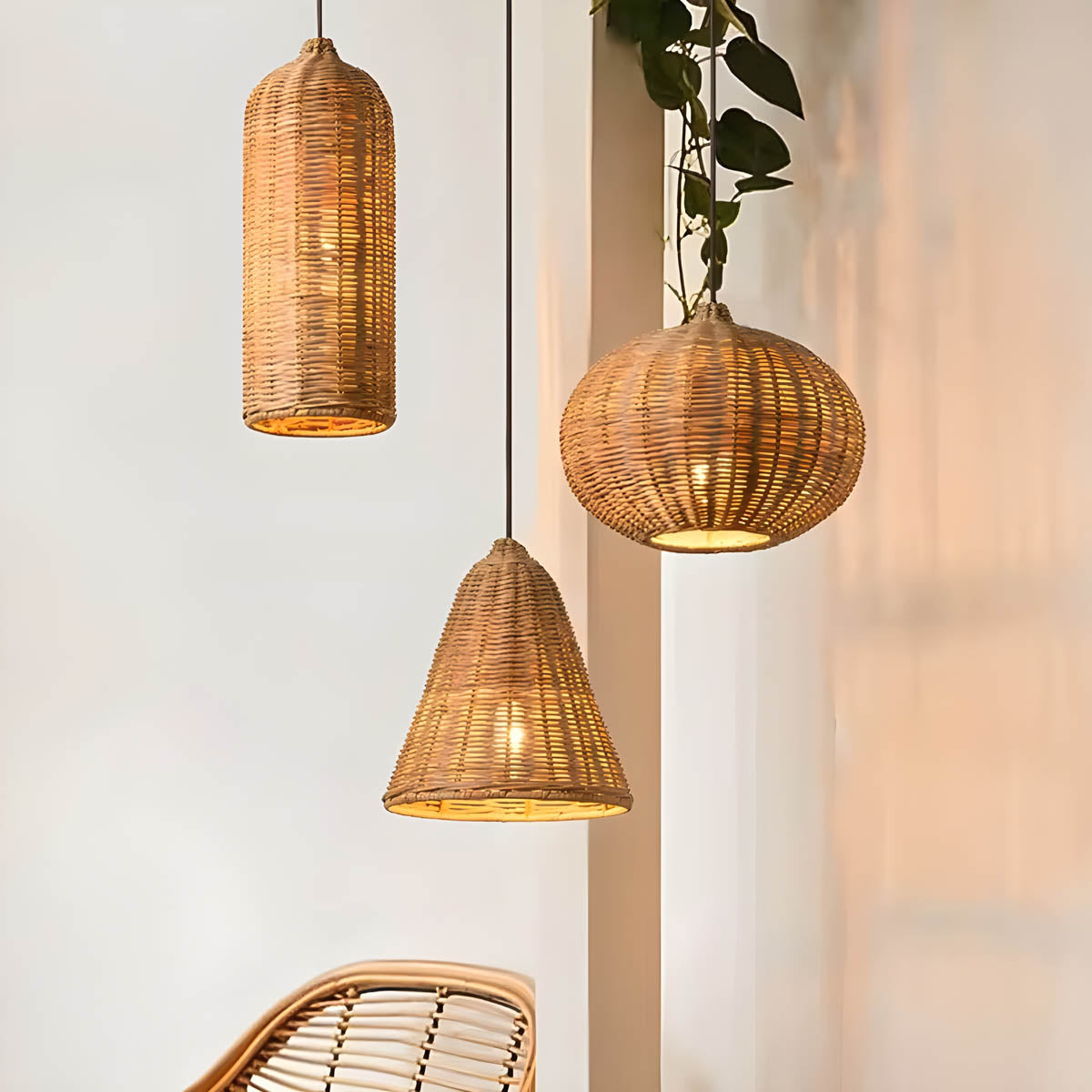 Handwoven rattan and hemp rope pendant light