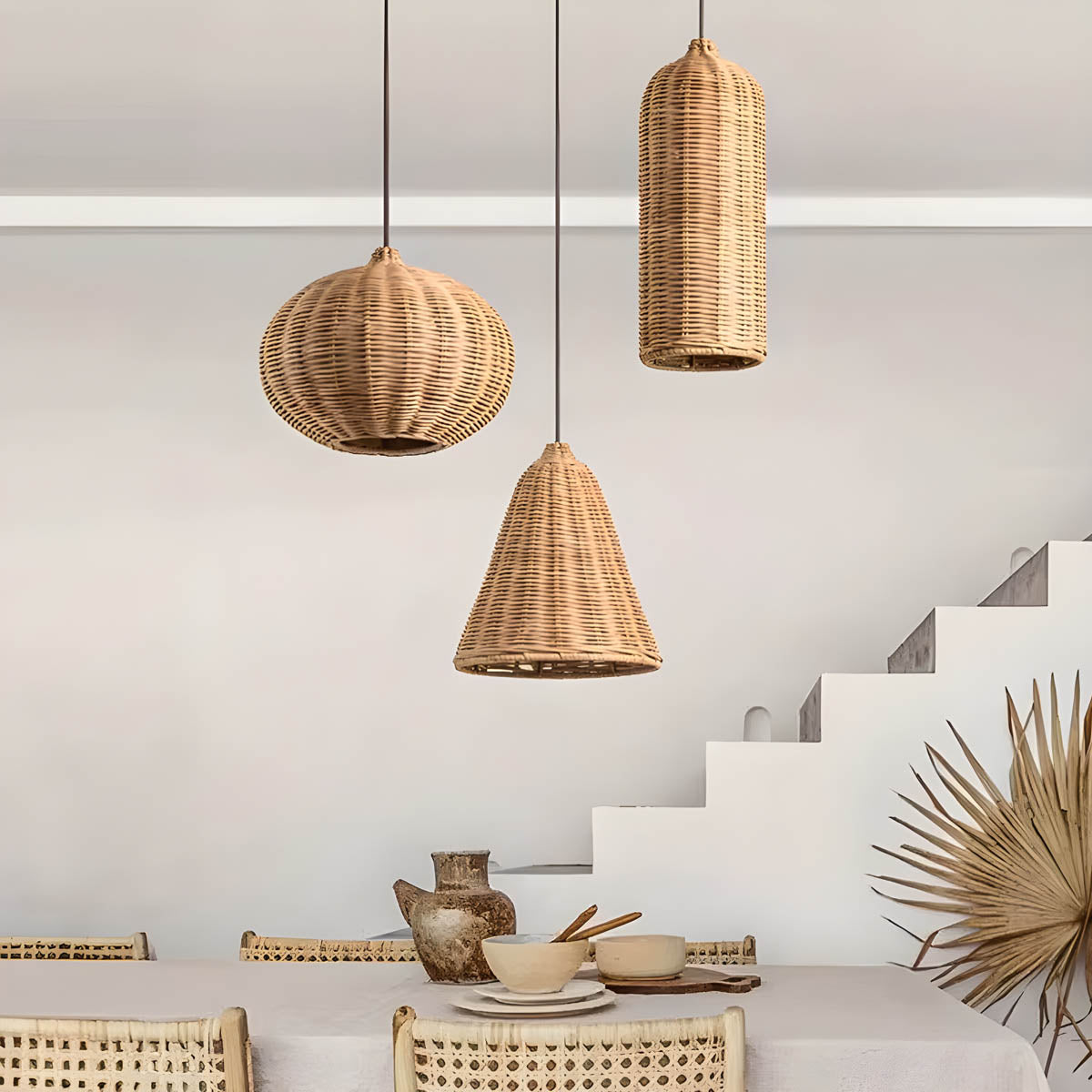 Handwoven rattan and hemp rope pendant light